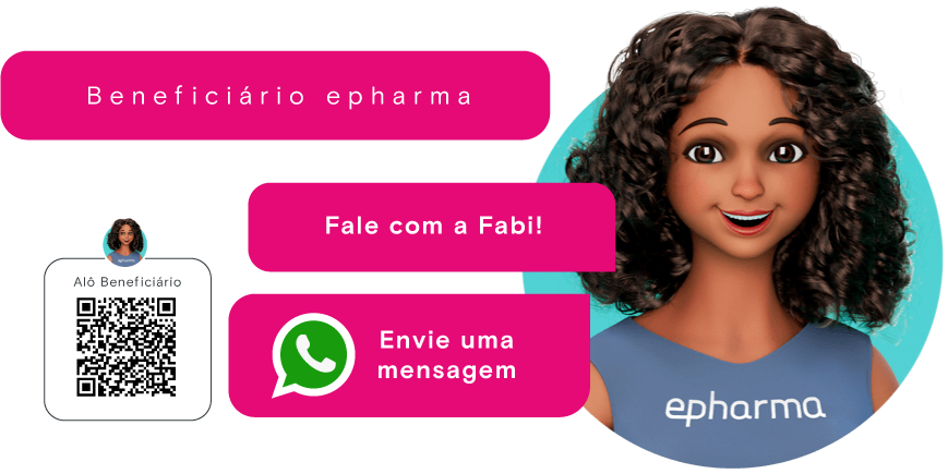 Ilustração da assistente virtual da epharma, Fabi, e QR code para falar com ela