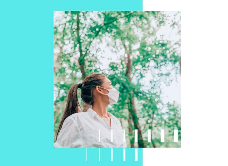 Mulher com máscara e árvores, como representação do meio ambiente
